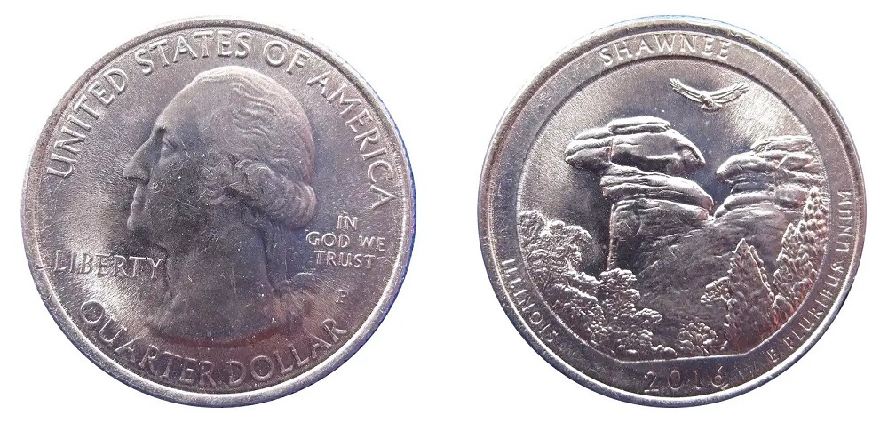2016 America the Beautiful quarter showing Washington obverse and Shawnee National Forest Camel Rock reverse