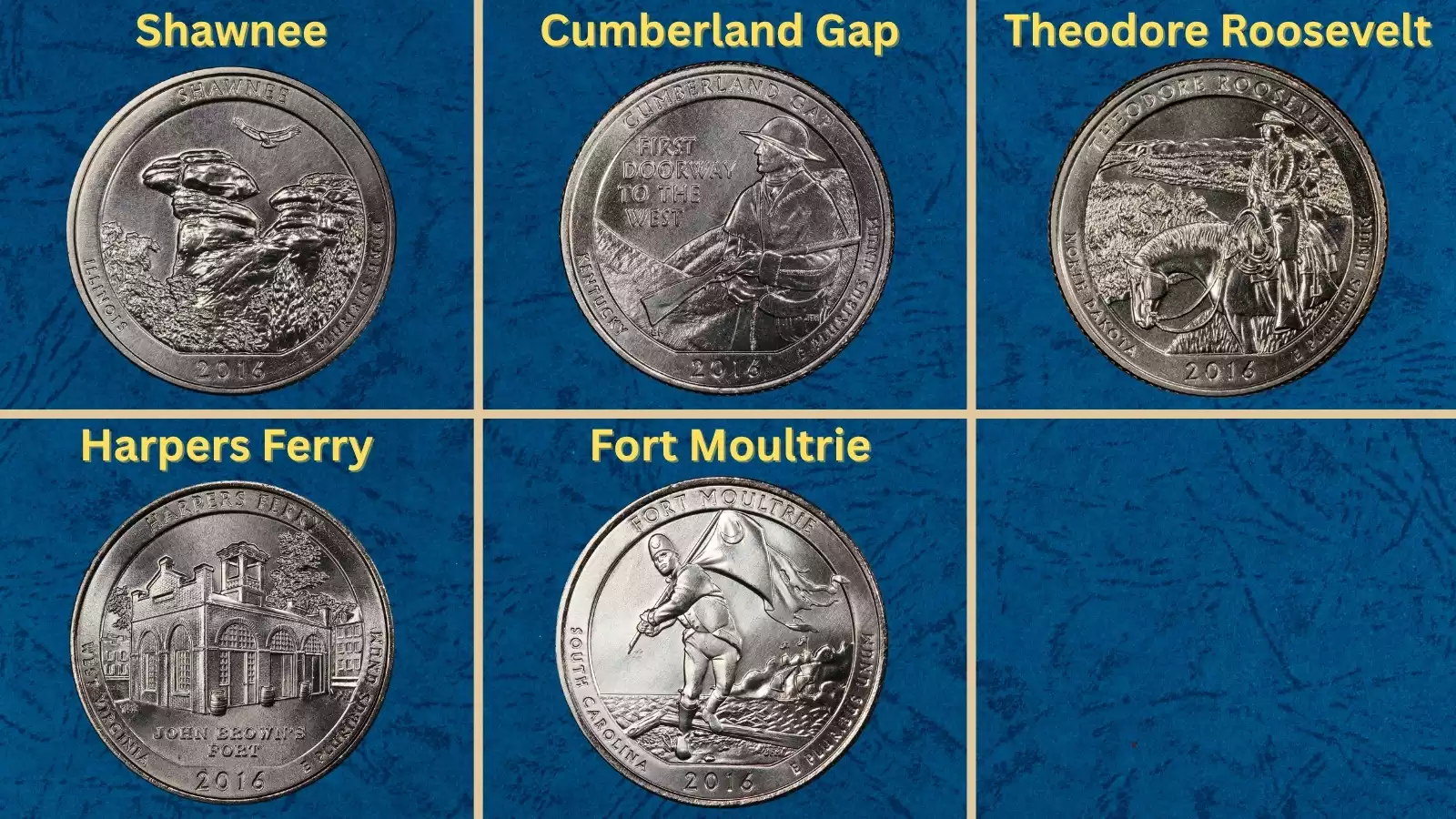 Group photo of all five 2016 America the Beautiful quarters showing Shawnee, Cumberland Gap, Harpers Ferry, Theodore Roosevelt, and Fort Moultrie designs