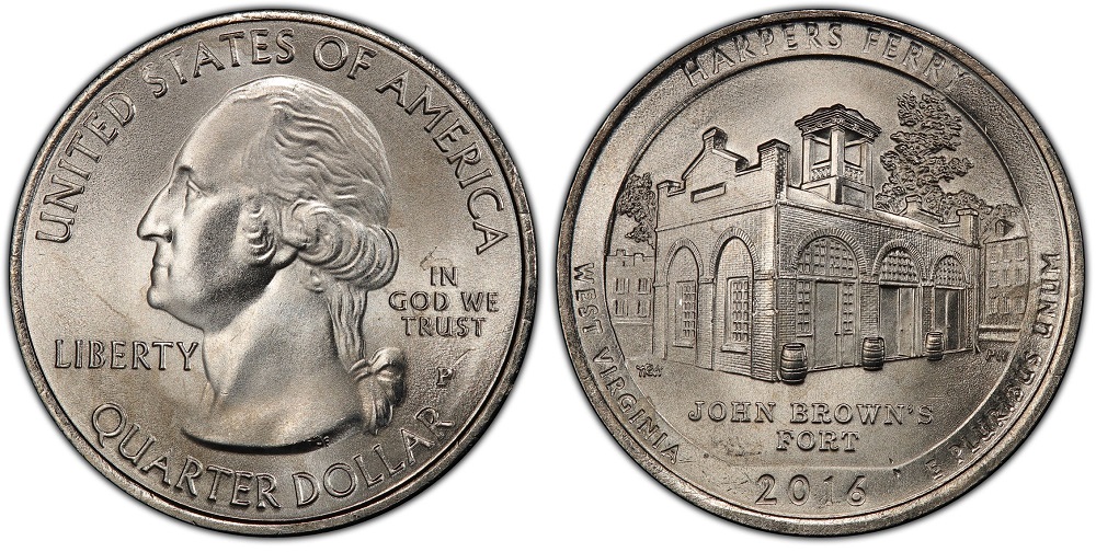 Grading strip showing four 2016 quarters in four condition tiers from heavily worn to gem uncirculated MS-67